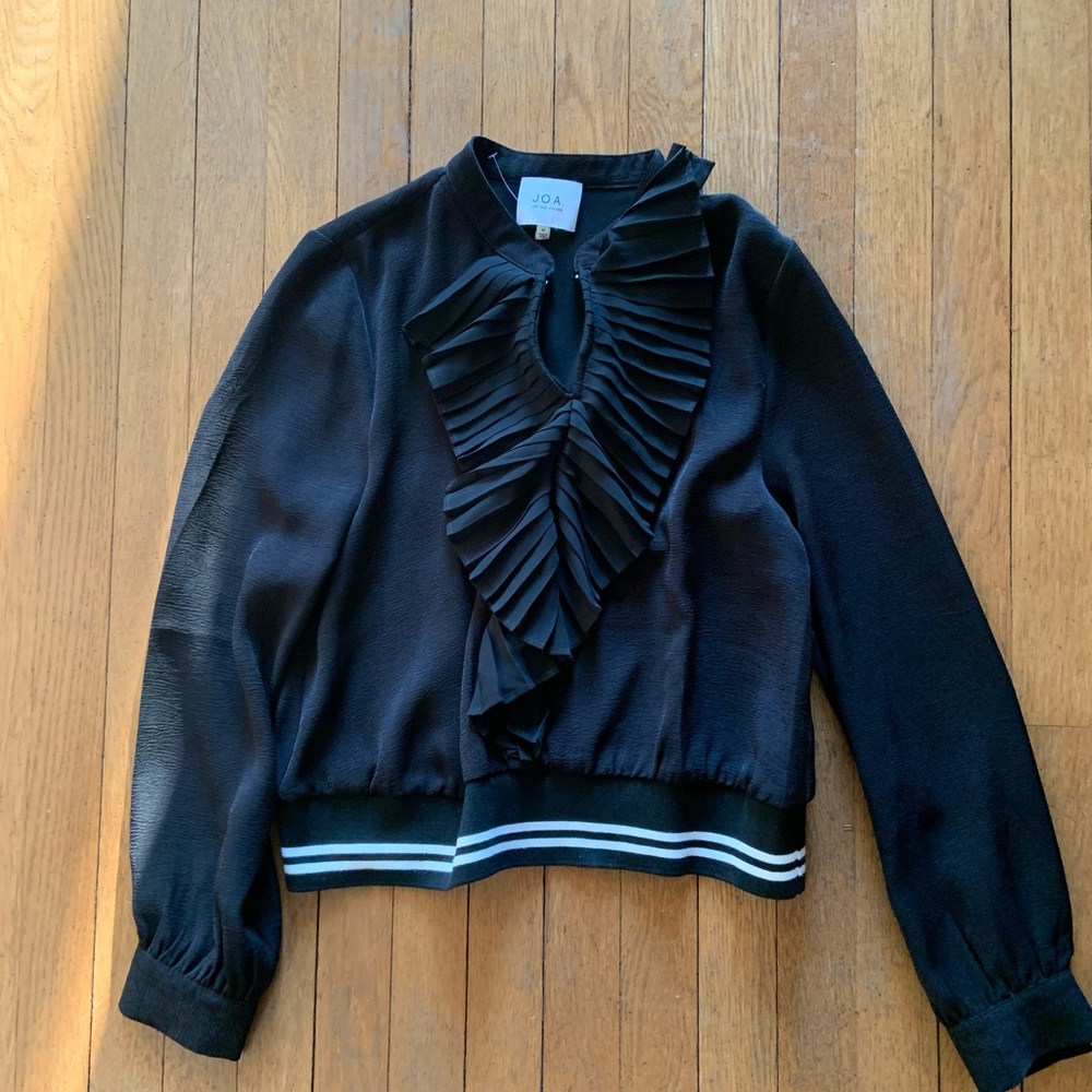 J.O.A. Ruffled black varsity top